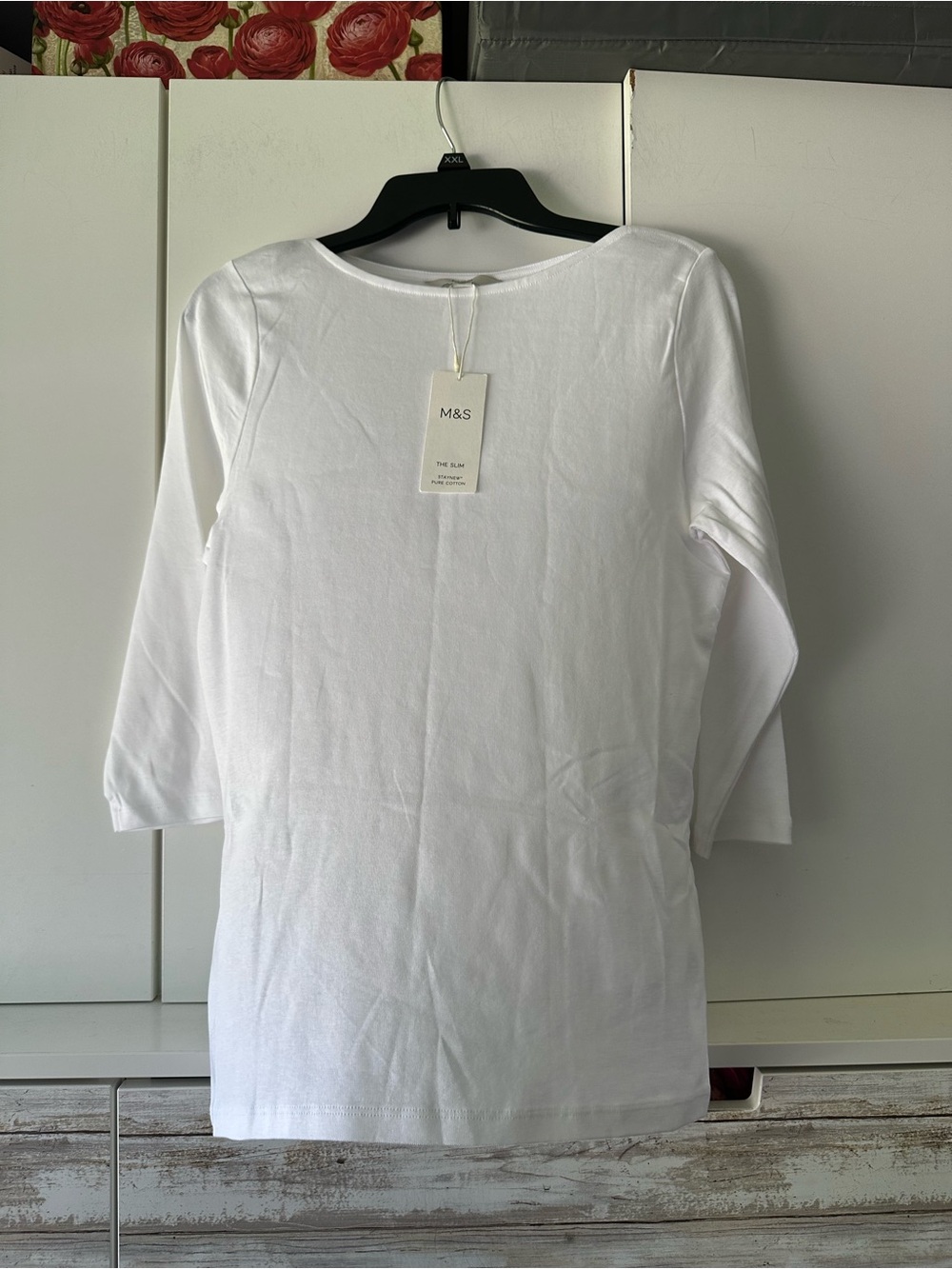 🤍 NWT M&S White Slim Fit Pure Cotton 3/4 Sleeve Boat Neck Top US 10